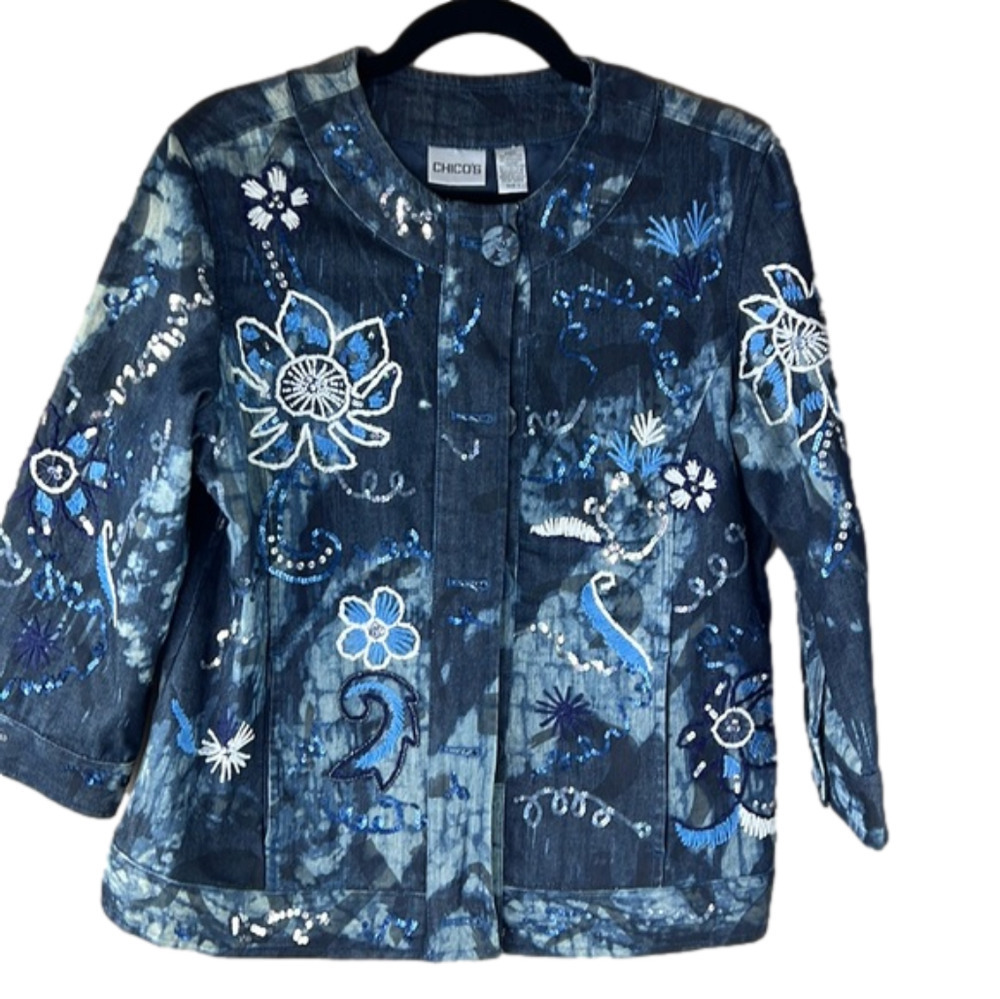 Chico's Women's Blue Embroidered Beaded Floral Batik Denim Jean Jacket